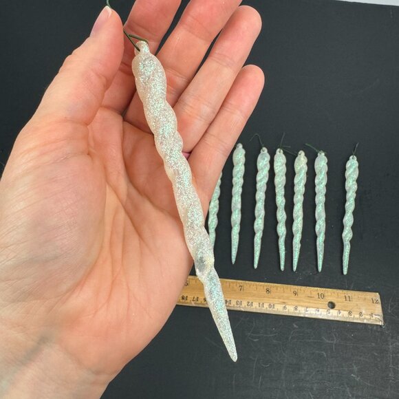 12 Vtg 5inch Hard Plastic Twist Icicle Glitter White Iridescent Ornament Xmas - Picture 4 of 10